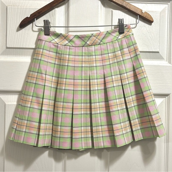 Aritzia Sunday Best Sun-deh Pleated Mini Skirt lime/fuchsia Plaid Size 00 XXS - Picture 5 of 11